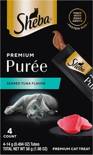 Miniatura 10 de Sheba Premium Puree Cat Treats sabor a pollo asado lamible, sabor a salmón ahumado y sabor a atún chamuscado, tubos de 0.49 onzas, 48