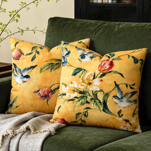 Miniatura 7 de Juego de 2 fundas de almohada decorativas de terciopelo de 18 x 18 pulgadas, estampado de pájaros y ramas en acuarela, felpa suave con acento neutro