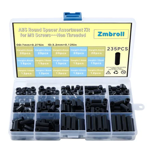 235 piezas de espaciador redondo negro OD 0.276 in ID 0.126 in para tornillos M3 15 tamaños ABS no roscado columna separador soporte espaciador