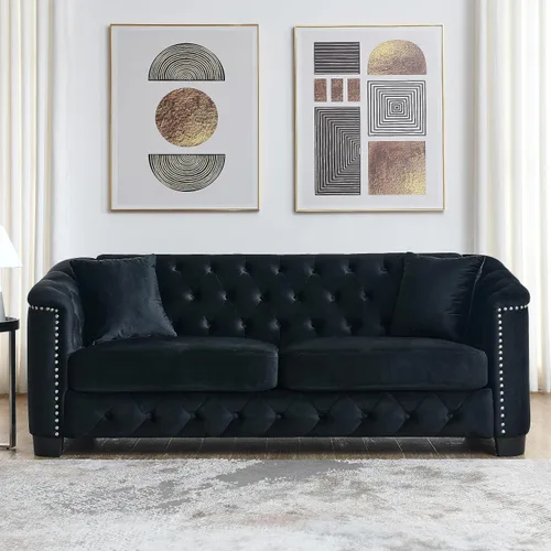 Miniatura 11 de Juego de 2 sofás modernos de terciopelo Chesterfield de 77" para 3 plazas + 59" loveseat, tapizados con respaldos capitoné con brazos de tachuelas