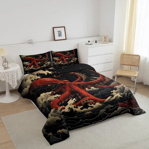 Miniatura 2 de Octopus - Juego de edredón para niños, tamaño matrimonial, nubes oscuras, olas del océano, juego de ropa de cama retro trippy decoración de Rojo