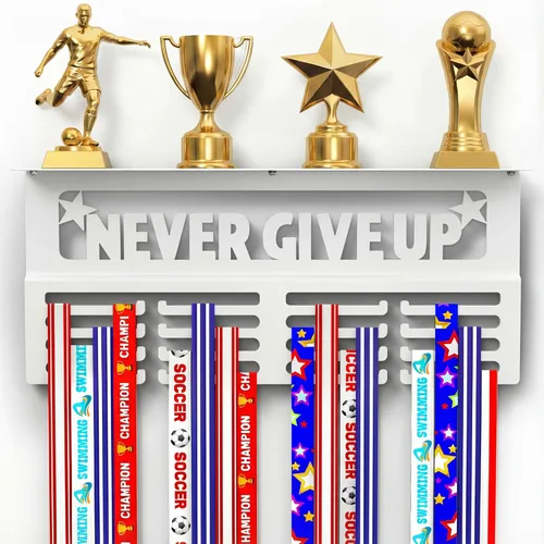 Miniatura 9 de Colgador de medallas AGATHOS HOME con estante para trofeos - Estante de premios de metal para paredes con capacidad para 64+ medallas deportivas