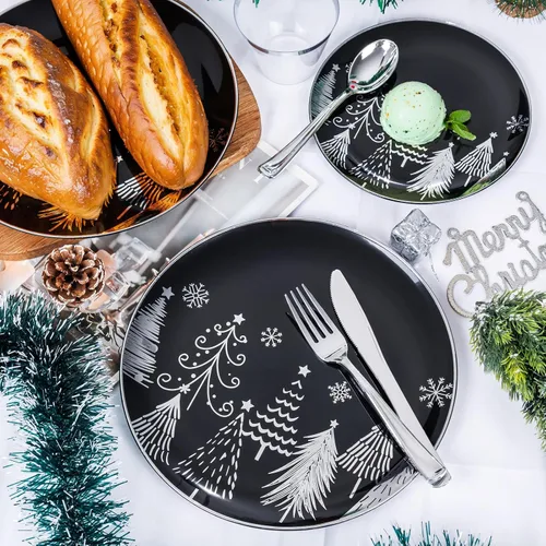 Miniatura 5 de KIRE Juego de 150 platos de Navidad desechables y vajilla para 25 invitados, platos negros y plateados, cubiertos de plástico y tazas con borde