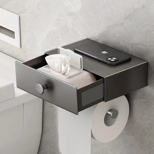VOLDRA Soporte de papel higiénico con estante dispensador de toallitas grises para baño, soporte de papel higiénico con diseño de cajón de