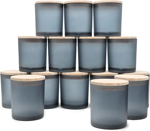 SHOWIN Tarros de vela gruesos de 10 onzas para hacer velas, 15 unidades, frascos vacíos con tapas de madera para hacer velas, contenedor de muestra,