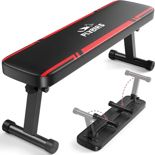 FLYBIRD Foldable Flat Weight Bench for Home Gym, 600/1000 lbs Capacity with Dual Locking for Strength Training, Easy Setup & Storage for Small