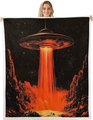 Miniatura 45 de Manta de franela de alienígena, misteriosa nave espacial estrellada con purpurina y planetas de cielo para decoración de habitaciones, manta