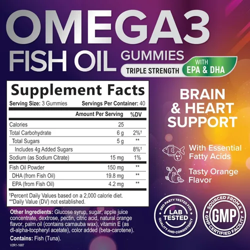 Miniatura 2 de Gomitas de aceite de pescado Omega 3 – 3 veces más fuerte – Suplemento de goma de aceite de pescado Omega 3 de alta absorción con DHA y EPA – Apoyo