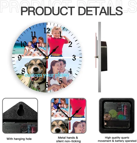 Miniatura 2 de Reloj de pared personalizado, reloj personalizado con texto de 4 imágenes, reloj de fotos silencioso redondo personalizado de PVC, regalos
