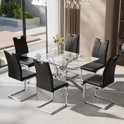 Miniatura 8 de Juego de mesa de comedor de 5 piezas para 4, mesa rectangular moderna de cristal con 4 sillas tapizadas de cuero, juegos de mesa y sillas de comedor