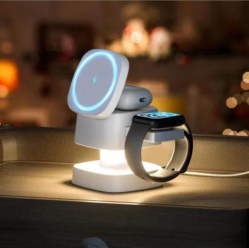 【Actualizado 2026】Cargador inalámbrico 4 en 1, estación de carga inalámbrica 3 en 1 con luz nocturna para cargador MagSafe, soporte de viaje Blanco