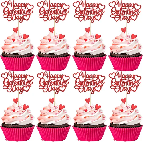 Miniatura 11 de 24 piezas de decoración de cupcakes con purpurina dorada para el día de San Valentín, temática de San Valentín, fiesta de cumpleaños, suministros