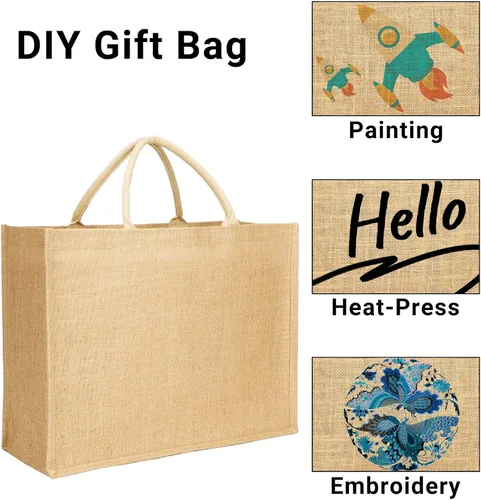 Miniatura 6 de Segarty Bolsa de arpillera, paquete de 6 bolsas grandes reutilizables de lona de yute con asas, bolsas de mano en blanco a granel para damas