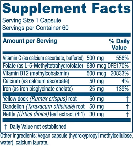 Miniatura 2 de Vitanica Iron Extra, suplemento de hierro de absorción mejorada con vitamina C 500 mg, metilfolato 400mcg, vitamina B12 500mcg, calcio, muelle