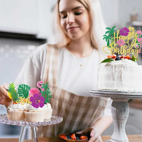 Miniatura 7 de Rsstarxi Paquete de 25 adornos tropicales para cupcakes Luau con decoración de pastel de flamenco de feliz cumpleaños, palmera, flamenco, piña