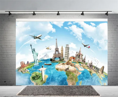 Telón de fondo de viaje de globo de 5 x 3 pies, mapa de la tierra, continente, famoso, paisaje, decoración del hogar, fotografía, fondo, pirámide,