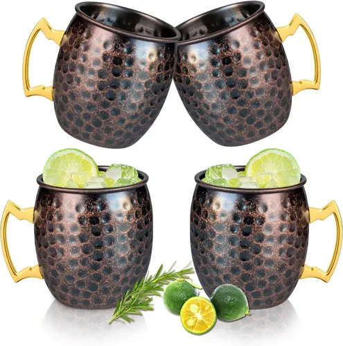 Miniatura 10 de UNISWEET Moscow Mule - Juego de 4 tazas de cobre con acabado martillado pulido, forro de acero inoxidable 304 con mango de cobre dorado, perfecto