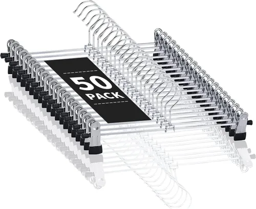 Cimlord Paquete de 50 perchas para pantalones con clips, perchas para mujeres, perchas para pantalones cortos, perchas de metal resistente para