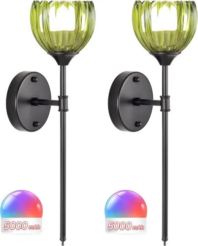 Miniatura 14 de Shenmoyl Juego de 2 lámparas de pared operadas por batería, lámpara de pared vintage de tulipán ámbar con batería recargable de 5000mAh con control
