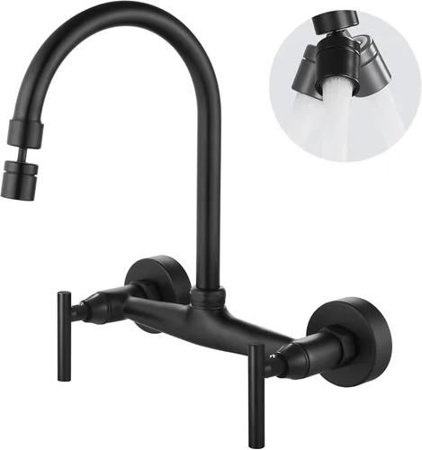 Miniatura 10 de Airuida Grifo de fregadero de cocina de montaje en pared, grifos de cocina de 8 pulgadas, asas dobles centrales de 360 grados, boquilla giratoria