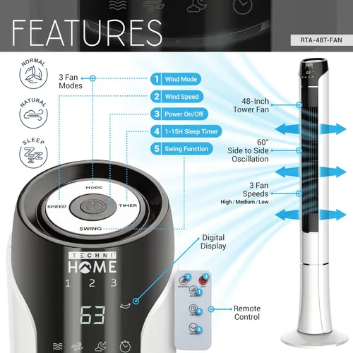Miniatura 3 de Ventilador de torre de 48 pulgadas con control remoto, ventilador silencioso para dormitorio y hogar Tower fan with remote featuring 3 wind modes