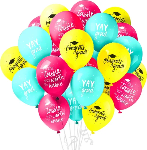 KatchOn, Juego de globos de graduación azules, amarillos y rosados, 12 pulgadas, paquete de 75 | Globos de graduación de felicitaciones, globo Yay