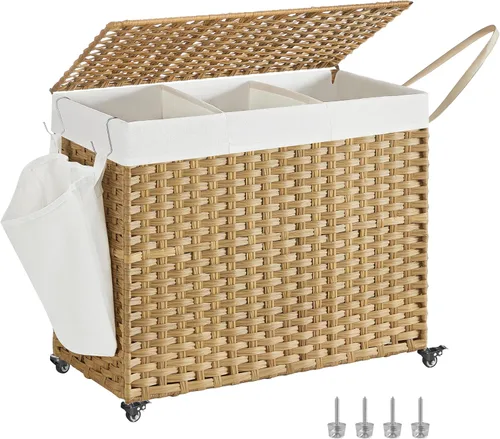 Miniatura 14 de SONGMICS Cesta de lavandería con tapa, 42.3 galones (160 L), cesta de lavandería con ruedas, ratán sintético de 3 secciones, forro extraíble, Gris