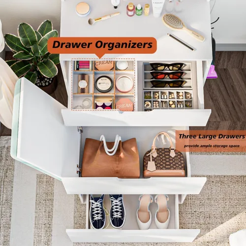Miniatura 5 de Tocador pequeño con silla, espejo y luces, juego de mesa de maquillaje compacto para espacios pequeños, taburete de almacenamiento móvil