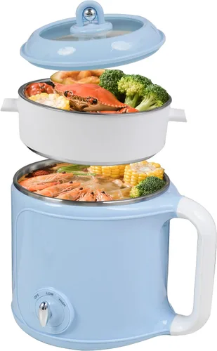 Miniatura 7 de Olla Eléctrica Caliente con Vaporera: Cocedor de Ramen de 2.0L, Olla Eléctrica Multifuncional de Acero Inoxidable, Portátil, Ajuste de Potencia Dual