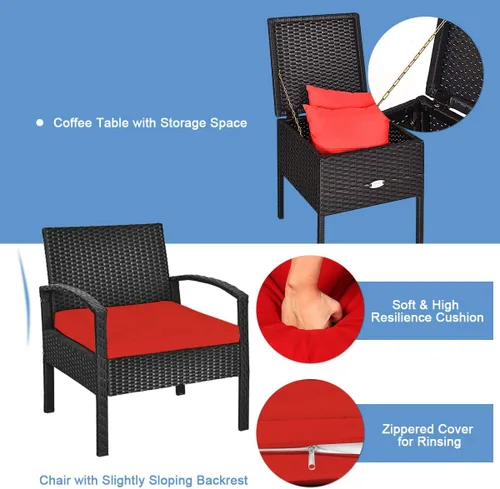 Miniatura 3 de RELAX4LIFE Juego de 2 sillas de patio con mesa auxiliar, juego de 3 sillas de porche con cojines extraíbles y mesa de cristal, sillas de mimbre