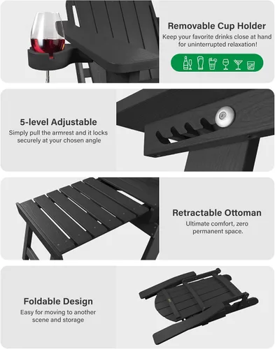 Miniatura 9 de YEFU Silla Adirondack con Otomana Retráctil: Juego de 2 Sillas Adirondack Plegables - Respaldo Ajustable de 5 Niveles con Reposapiés - Sillas