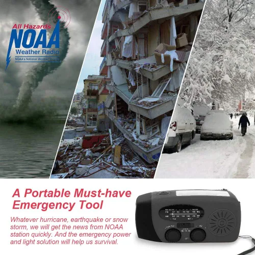 Miniatura 2 de Radio solar portátil de emergencia meteorológica manivela AM/FM NOAA radio de supervivencia con linterna LED 2000mAh cargador de teléfono móvil