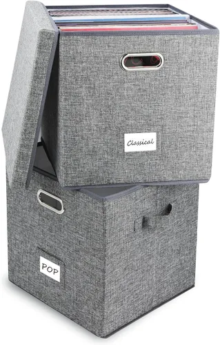 ZEDKEHO Juego de 2 cajas de almacenamiento de discos de vinilo - Almacenamiento de álbumes con capacidad para más de 100 discos individuales, caja
