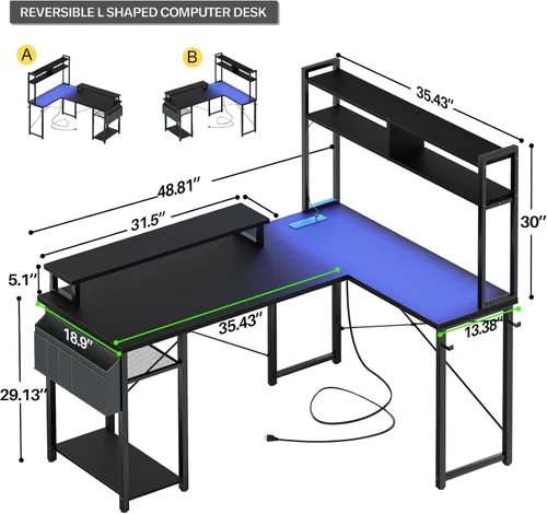 Miniatura 2 de Aheaplus Escritorio pequeño en forma de L para gaming con luces LED y tomas de corriente, escritorio reversible en forma de L para computadora