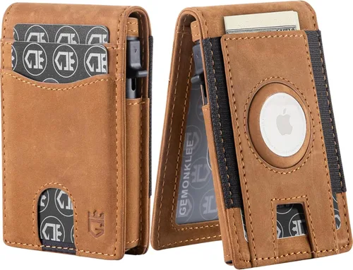 Gemonklee Billetera para hombre, billetera Airtag con ventana de identificación con correa de efectivo, soporte para tarjeta de crédito, billetera