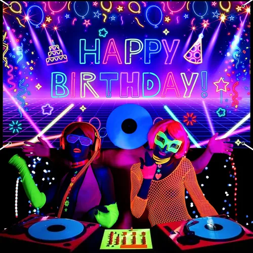 Miniatura 5 de Decoración de pancarta de fiesta de cumpleaños de neón brillante, telón de fondo de feliz cumpleaños con temática de fiesta