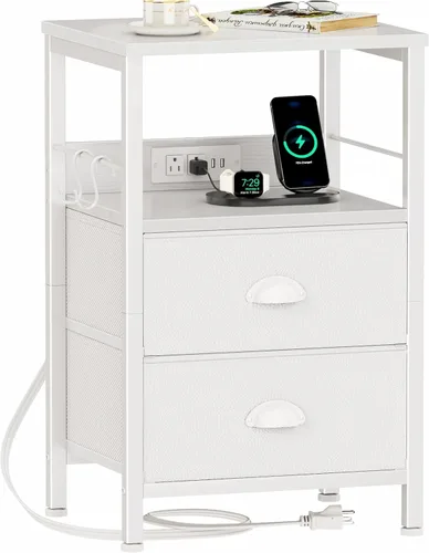 Miniatura 13 de Furologee - Juego de 2 mesitas de noche, roble negro, con estación de carga y puertos USB, mesas auxiliares con 2 cajones de tela, mesas de cabecera