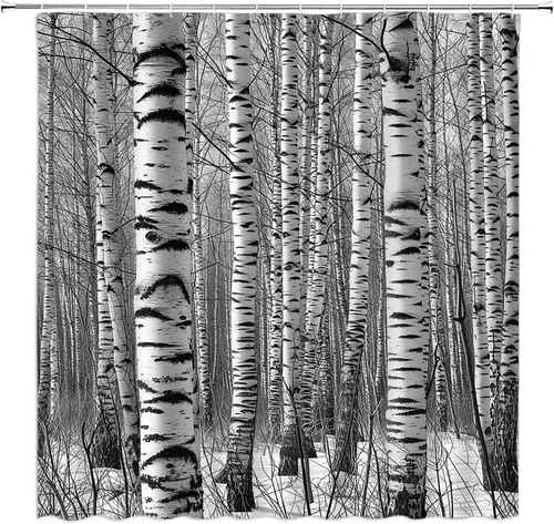 Cortina de ducha de abedul, árbol, bosque, abstracto, tronco, paisaje, naturaleza, ramas de temporada, juego de decoración de baño con ganchos (59