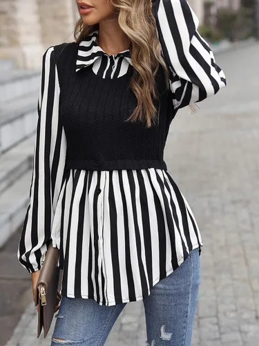 Miniatura 3 de WDIRARA Blusa de manga larga con botones y estampado a rayas para mujer 2 en 1