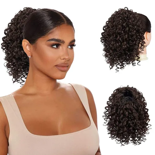 Miniatura 19 de PEACOCO Extensión de cola de caballo rizada con cordón para mujeres negras - Cola de caballo de 6 pulgadas con clip, postizo sintético de afro corto