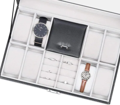 Miniatura 4 de NEX Caja de reloj 8 ranuras con cerradura de cuero para reloj organizador con almacenamiento de anillos para mujeres y hombres color negro