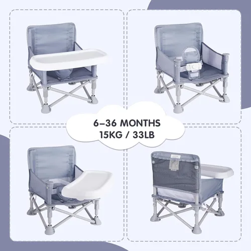 Miniatura 6 de Silla de bebé portátil, asiento elevador plegable con bandeja para mesa de comedor, silla de camping compacta para césped, playa, viajes, bebés de 6
