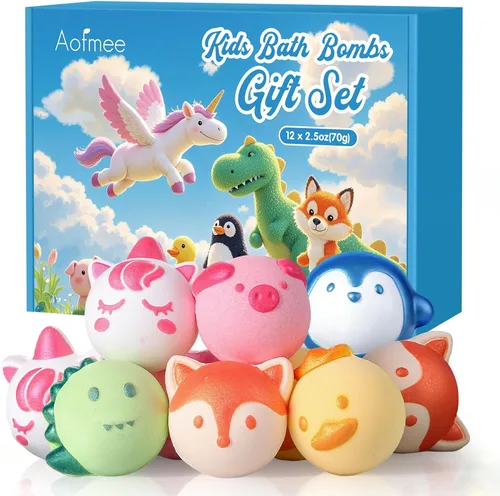 Aofmee Bombas de baño para niños, 12 bombas de baño para niños con aceite esencial, 6 formas de animales y aroma afrutado, juego de regalo de spa