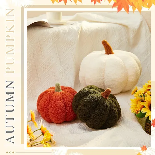 Miniatura 7 de Juexica 3 piezas de almohada de calabaza de felpa esponjosa con forma de calabaza 3D, decoración de otoño, Acción de Gracias, Halloween, cojín