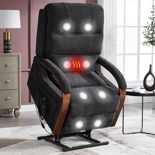 Miniatura 10 de Silla reclinable eléctrica para personas mayores, silla elevadora de doble motor con masaje por vibración y calor, reclinable plano con reposabrazos