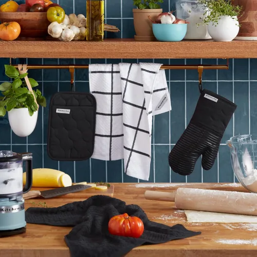 Miniatura 2 de KitchenAid Manopla de horno de tela de rizo de algodón acolchado, agarradera para ollas, juego de 4 piezas con toalla de cocina, resistente al Negro