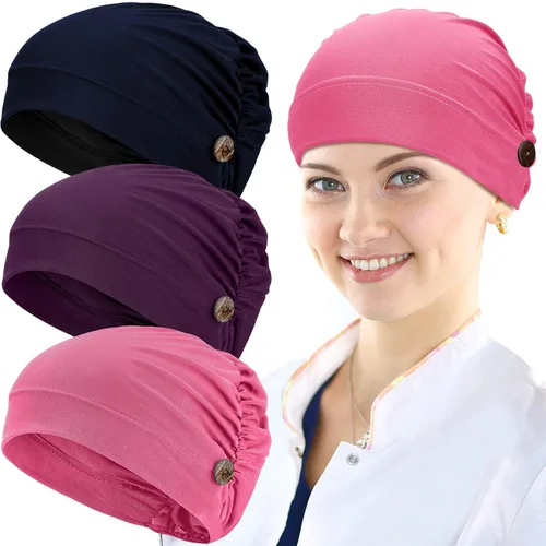 Miniatura 14 de Geyoga Gorras Bouffant con botones, unisex, elástica, turbante con botones para mujer, 3 piezas, Negro, Talla única