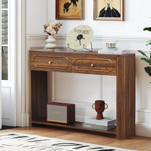 Miniatura 8 de ORRD Mesa consola acanalada con cajones, mesa de entrada estrecha de mediados de siglo con estantes de almacenamiento abiertos, mesas decorativas