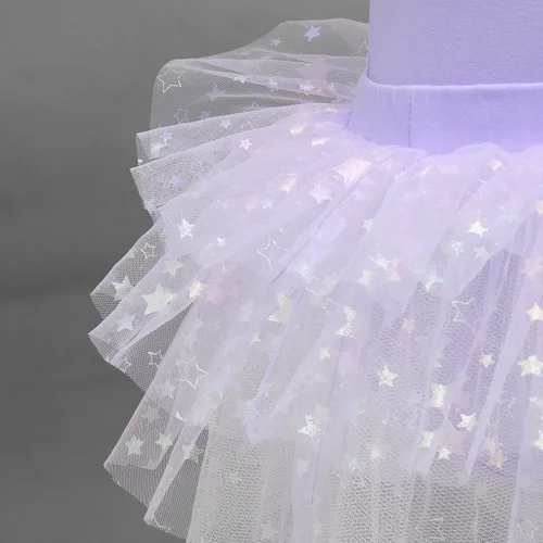 Miniatura 4 de IDOPIP Leotardo con falda tutú de estrellas con purpurina para niñas, manga con volantes, vestido de ballet para bailarina, traje de gimnasia