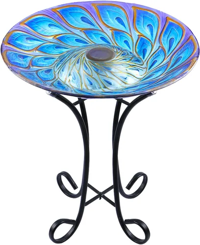 MUMTOP Baño solar para pájaros de cristal al aire libre con soporte de metal para césped, patio, jardín, decoración de pavo real, 18 pulgadas de